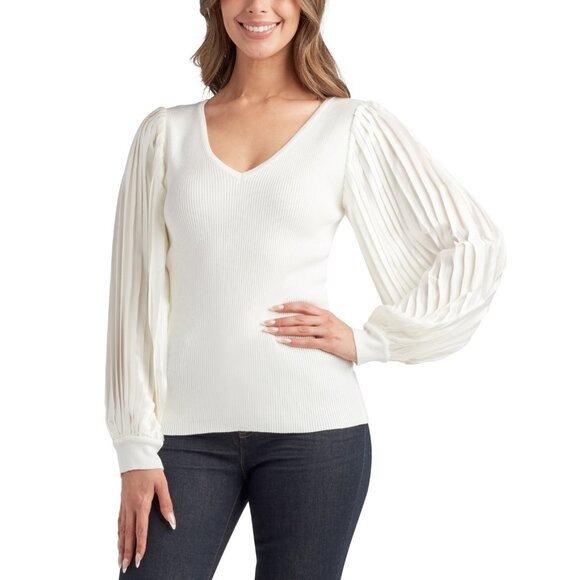 BCX Womens Ribbed Knit Sweater With Pleated Balloon Sleeves In White - Picture 4 of 11